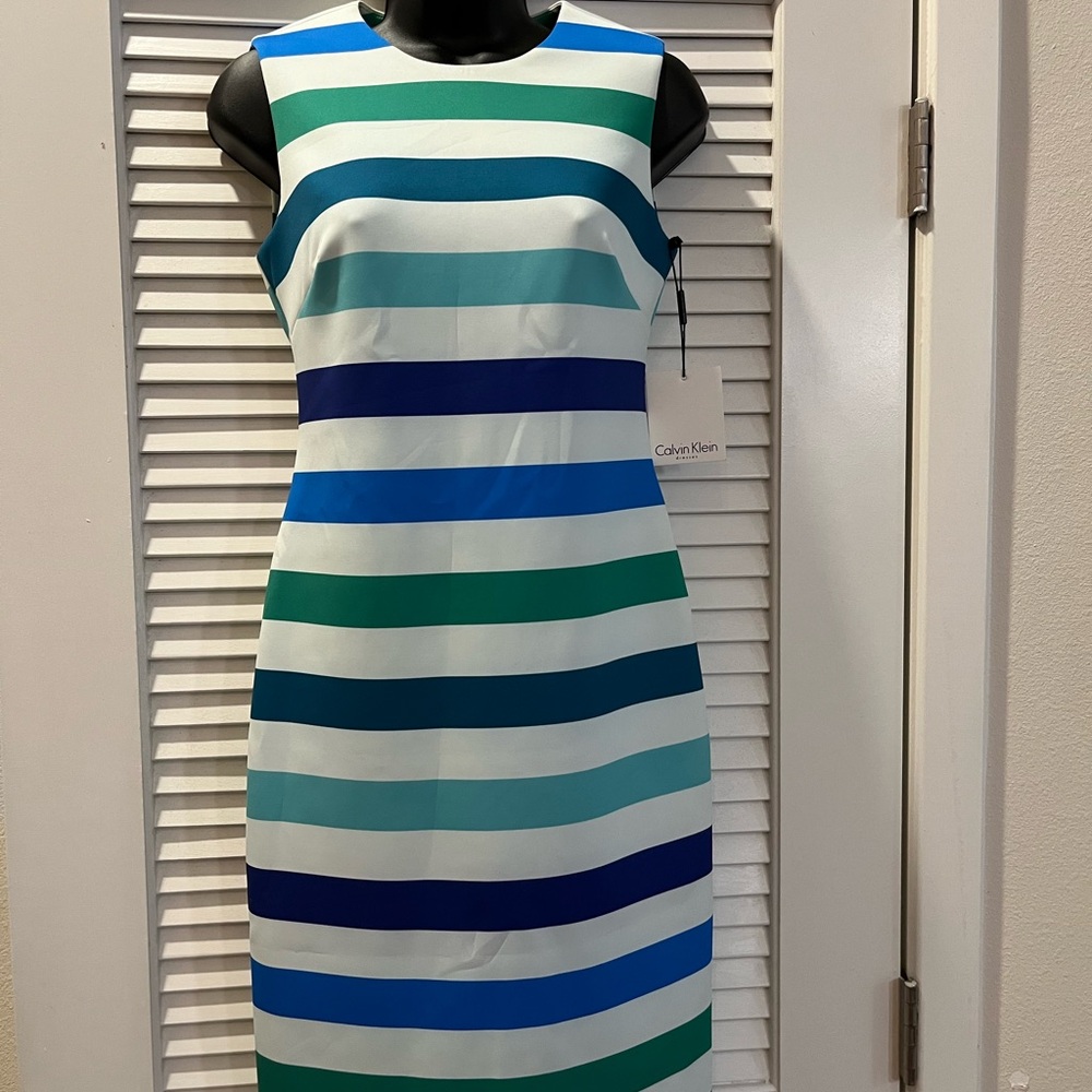 Calvin Klein Sleeveless Midi Dress in Blue, Teal & White Stripes